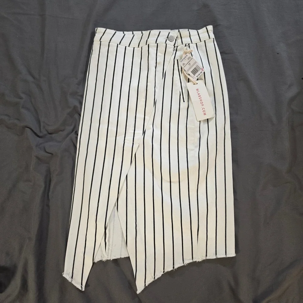 Wash Lab Denim Sally Asymmetrical Skirt 27 Black White Dtriped Midi NWT Raw Hem